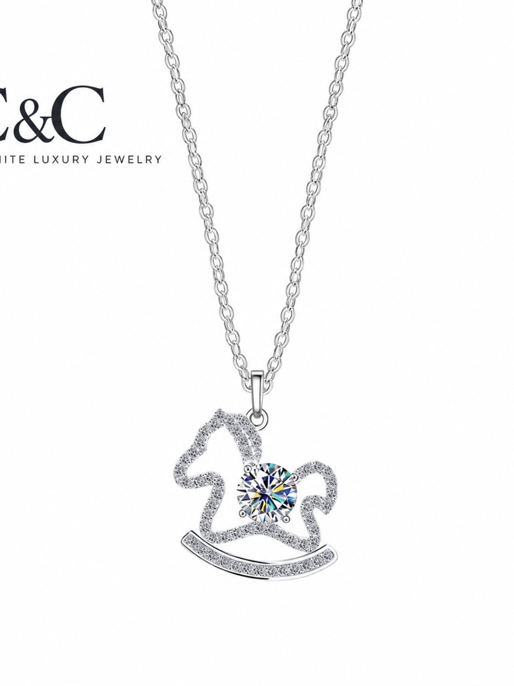 Silver Rocking Horse Pendant Necklace with Clear Moissanite